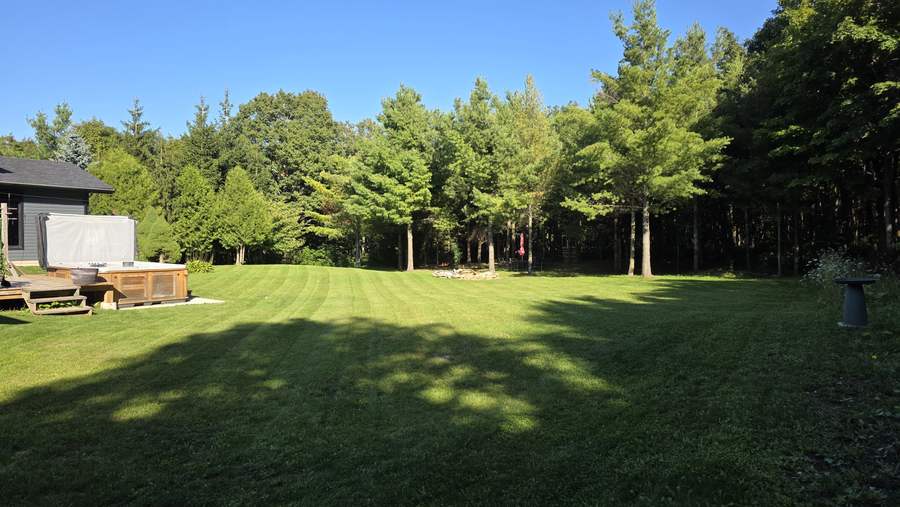 Striped rear lawn beside a deck and hot tub backing onto pines